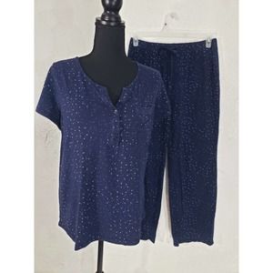 Women's Croft&Barrow M 2 Pc Navy Blue Heart Pajama Set Pants Top